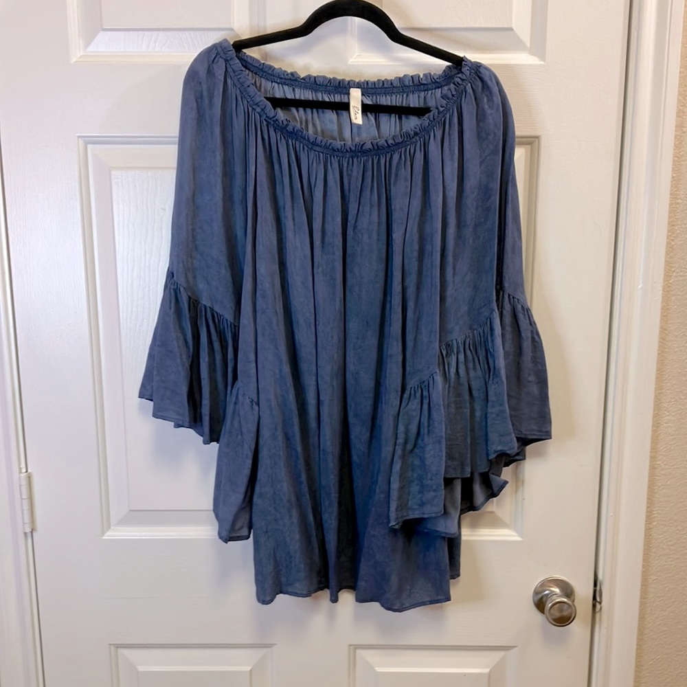 Elan Women's Boho Slate Blue Flutter Sleeve Peasant Blouse One Size (To 14)